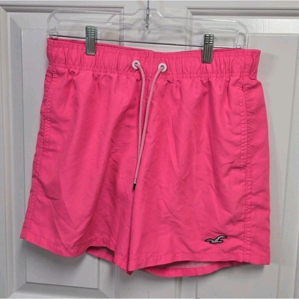 Hollister Mens Swim Trunks Size S Small Neon Hot Pink Drawstring Mesh Board...